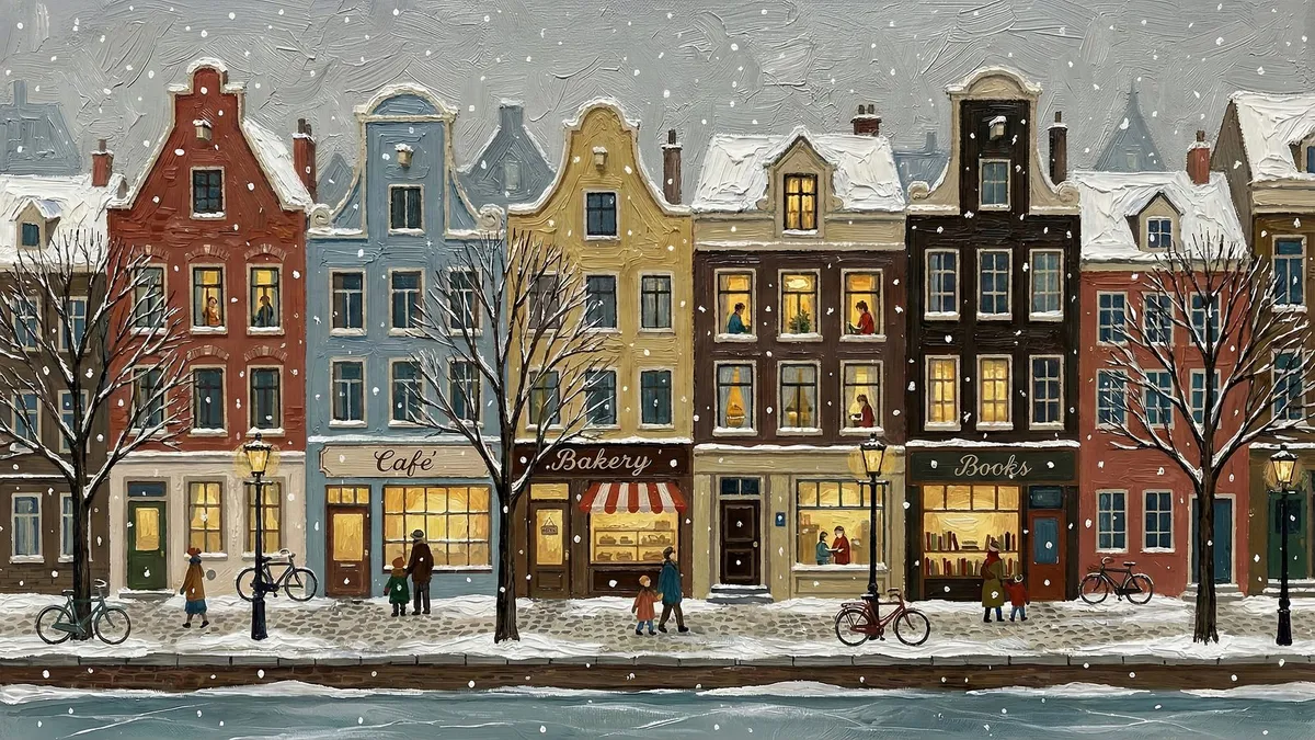 Whimsical Winter Village shown on your frame