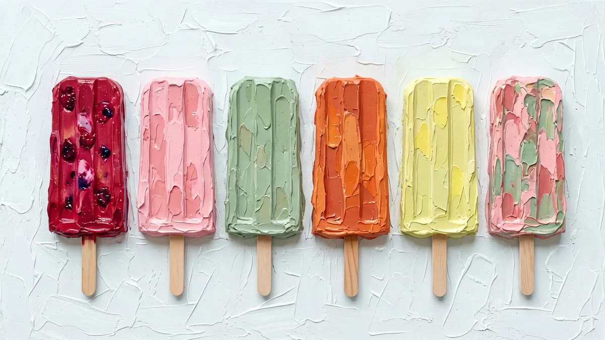 Row of six colorful ice pops on wooden sticks in thick impasto paint, in red, pink, green, orange and yellow