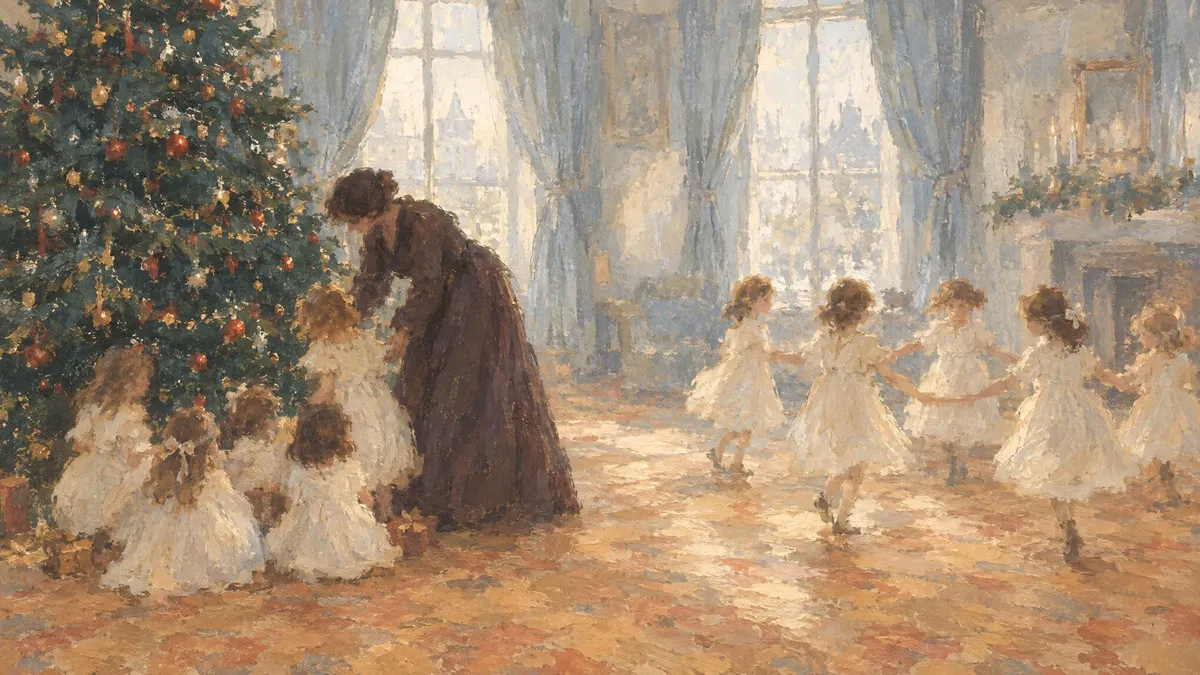Children in white dresses dancing in a circle around a Christmas tree in a parlor with tall windows, painted loosely
