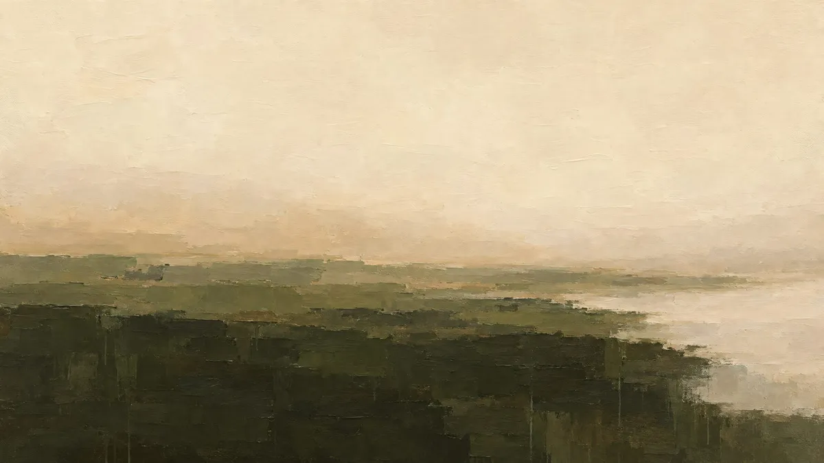 Abstract horizon with hazy pale sky above a dark olive and moss green band, with thin vertical drips
