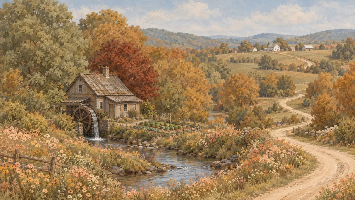 Autumn Watermill Countryside shown on your frame