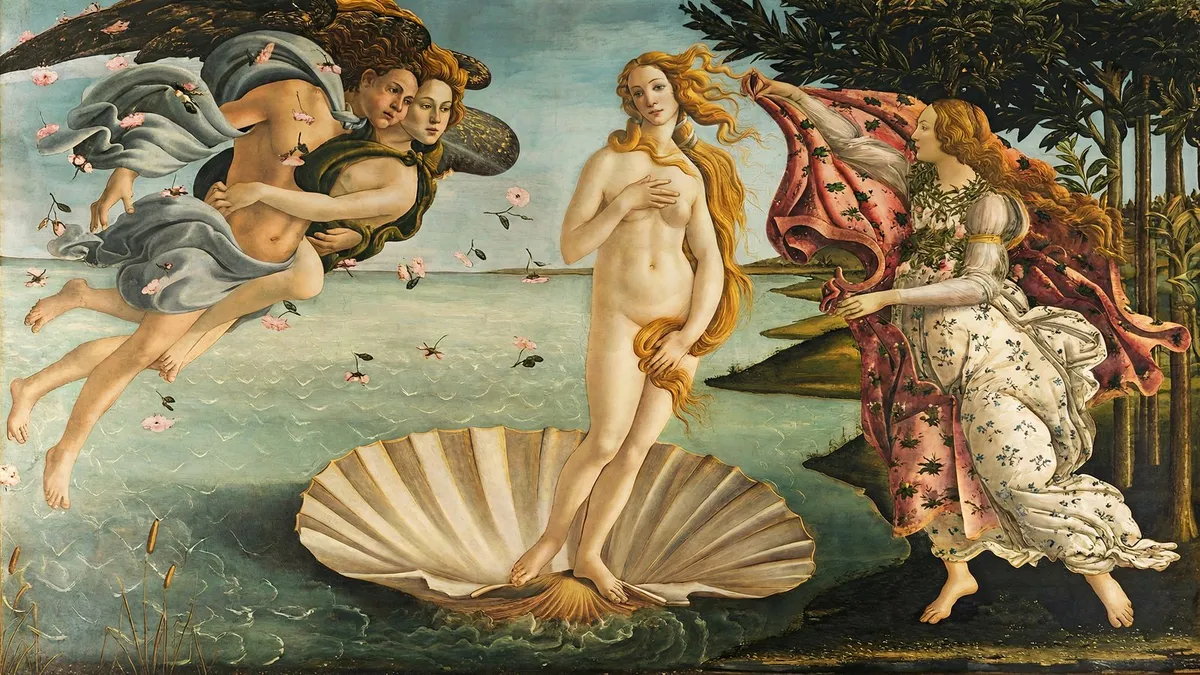 Nude woman standing on a scallop shell at the sea, flanked by winged embracing figures and a woman holding a pink cloak