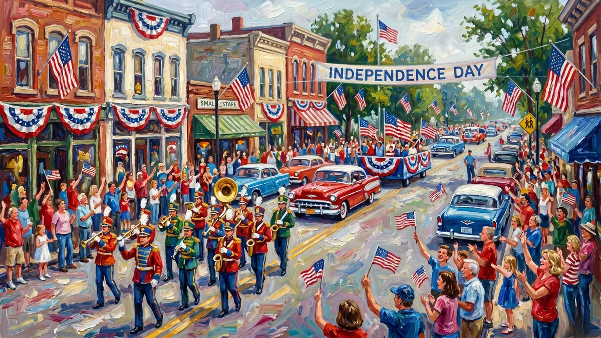 Small-town parade with a marching band, vintage cars, flag-waving crowds and a banner strung across the street