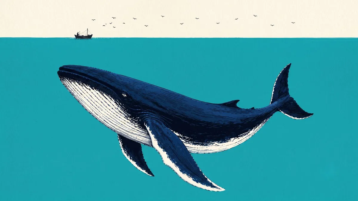 Navy blue whale with white underside swimming in teal water below a distant boat and flying birds