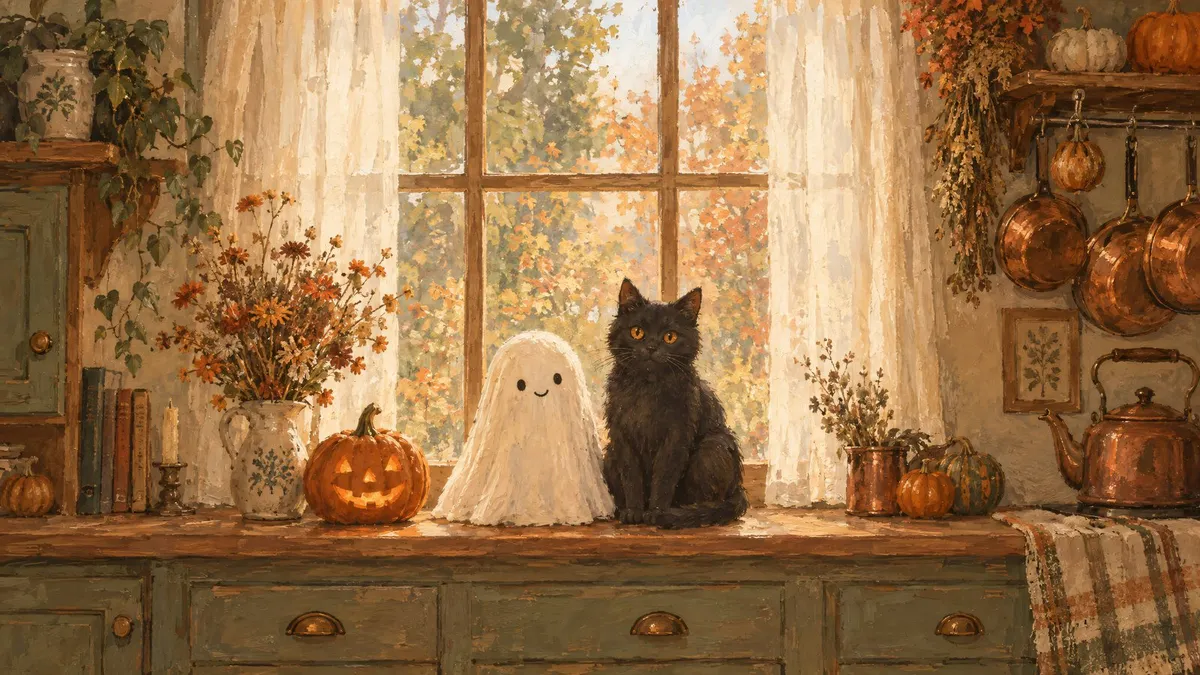 A small ghost and black cat on a kitchen ledge by a tall window, with a jack-o'-lantern and a vase of dried flowers