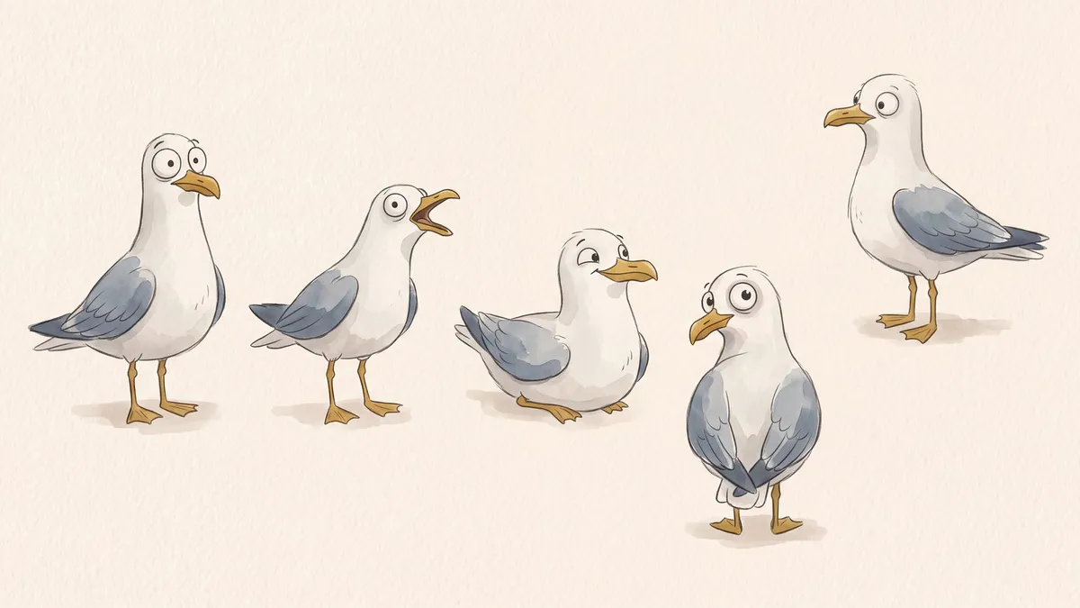 Whimsical Wide-Eyed Seagulls shown on your frame