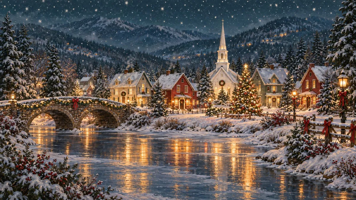 Snowy night village with a white church, stone bridge, glowing cottages and a frozen river reflecting golden lights