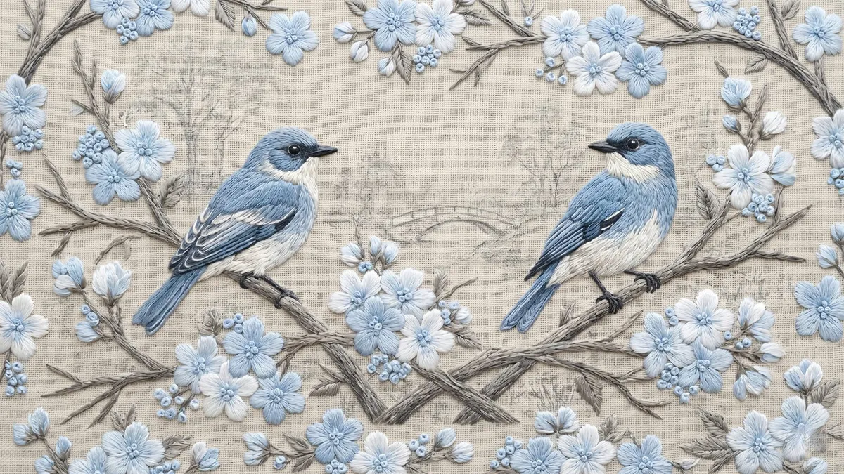 Two embroidered blue and white birds perch on branches among pale blue blossoms on linen, with a faint bridge behind