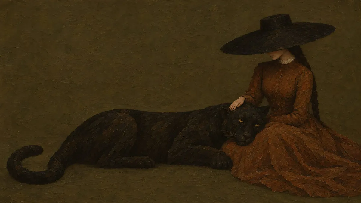 Seated woman in a wide black hat and rust dress, a black panther resting its head in her lap, against olive green