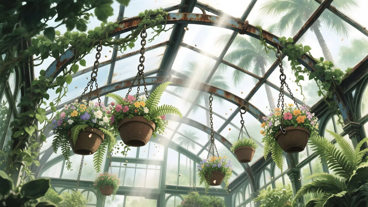 Hanging baskets of flowers and ferns in a rusted iron greenhouse, with sunbeams through glass and palm trees outside