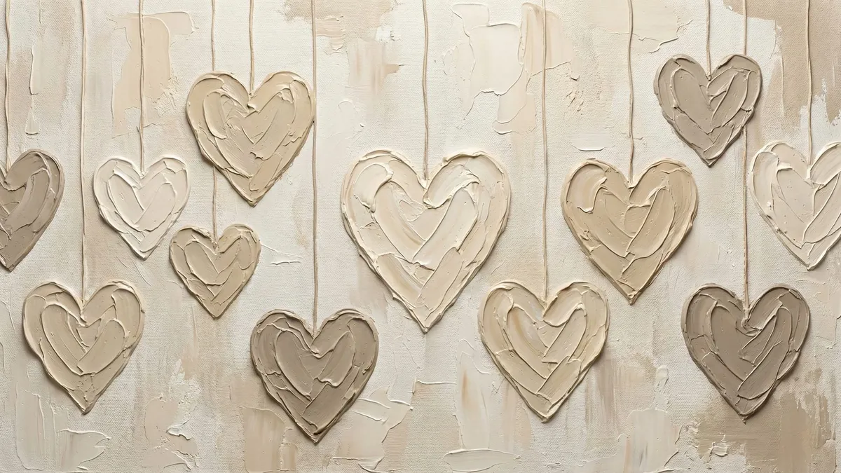 Rows of beige and taupe impasto hearts hanging from thin vertical lines on a cream textured wall