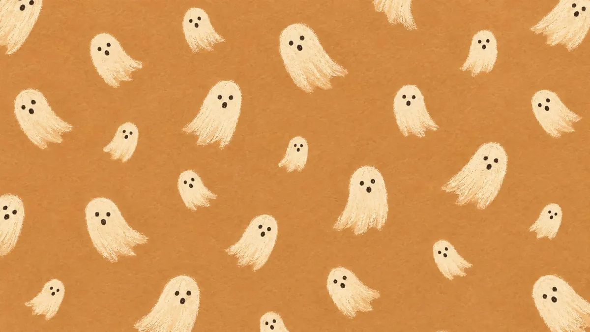 Pattern of small simple ghosts with dot eyes and mouths scattered across a field in caramel tan, cream and soft black