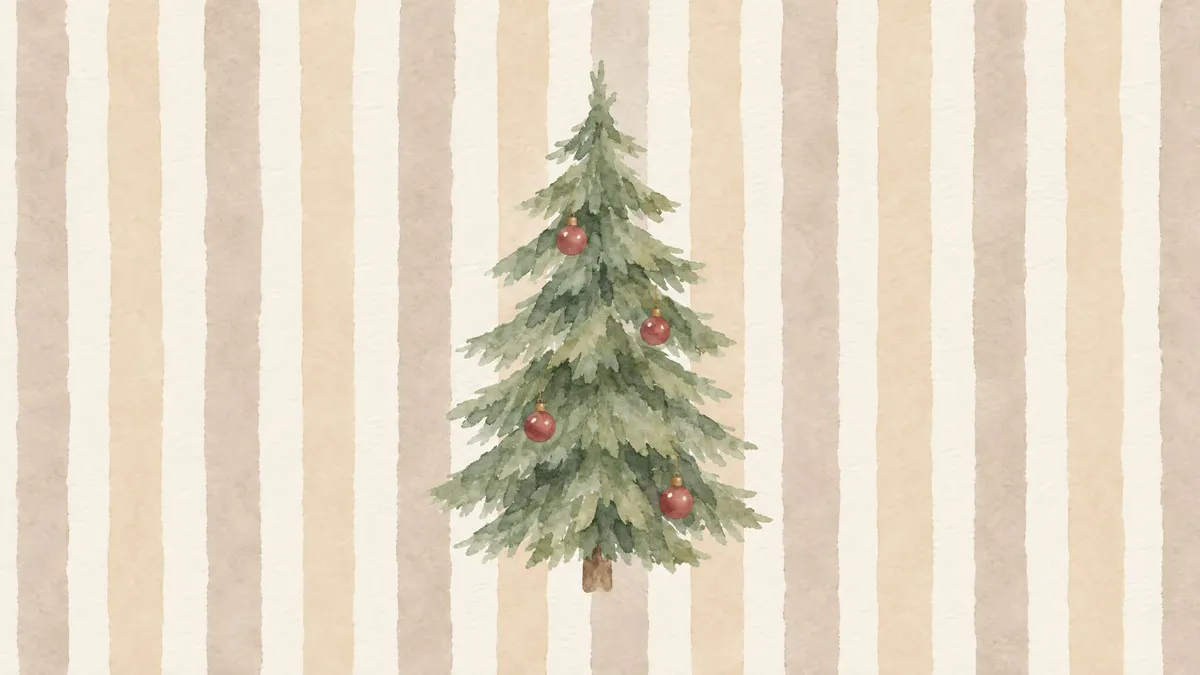 Watercolor Christmas tree with four cranberry ornaments against greige and beige vertical stripes