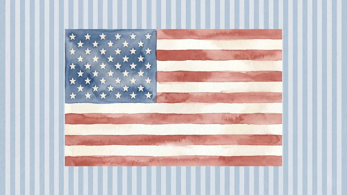 Watercolor American flag centered on a background of vertical pale blue and white stripes