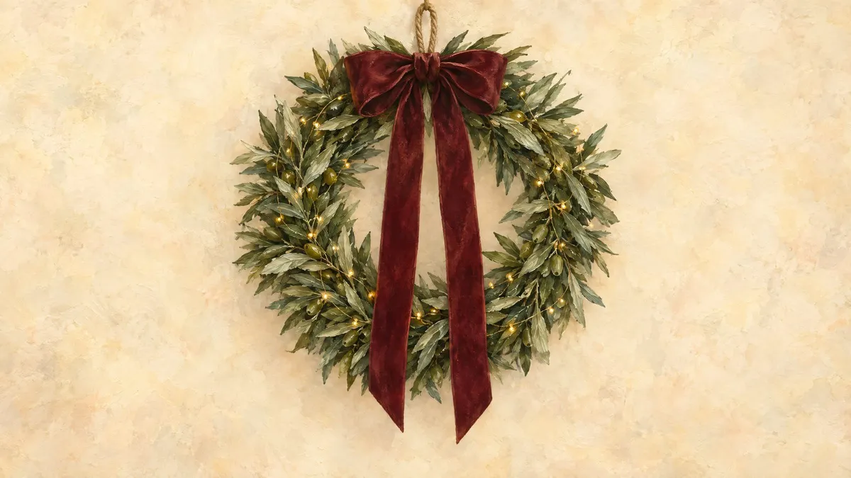 Olive Wreath Burgundy Velvet Bow shown on your frame