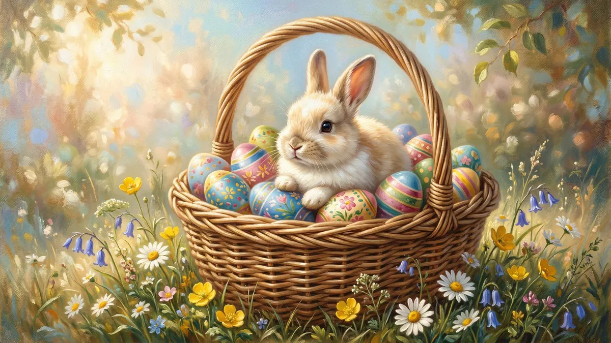 Cream rabbit sitting in a wicker basket of painted Easter eggs surrounded by daisies, buttercups and bluebells