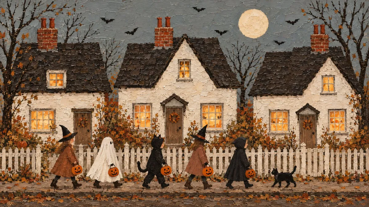 Children in witch, ghost and cat costumes with jack-o'-lantern pails walk past three white cottages under a full moon