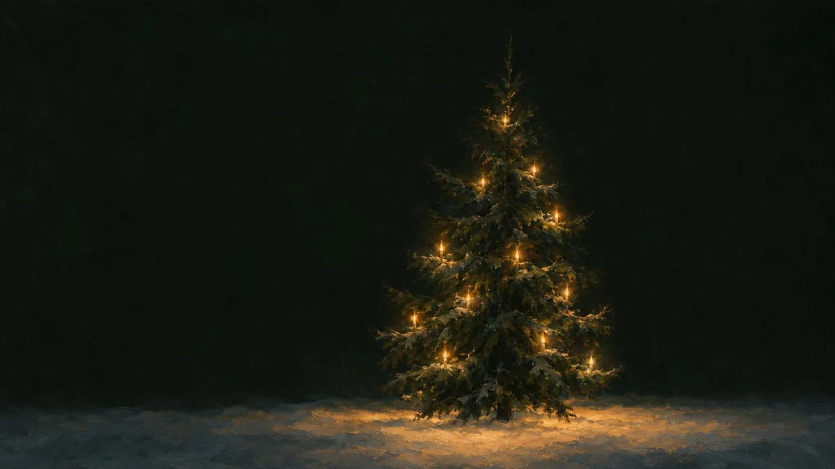 A candlelit fir tree glowing amber against a dark night, standing in a pool of golden light on snow