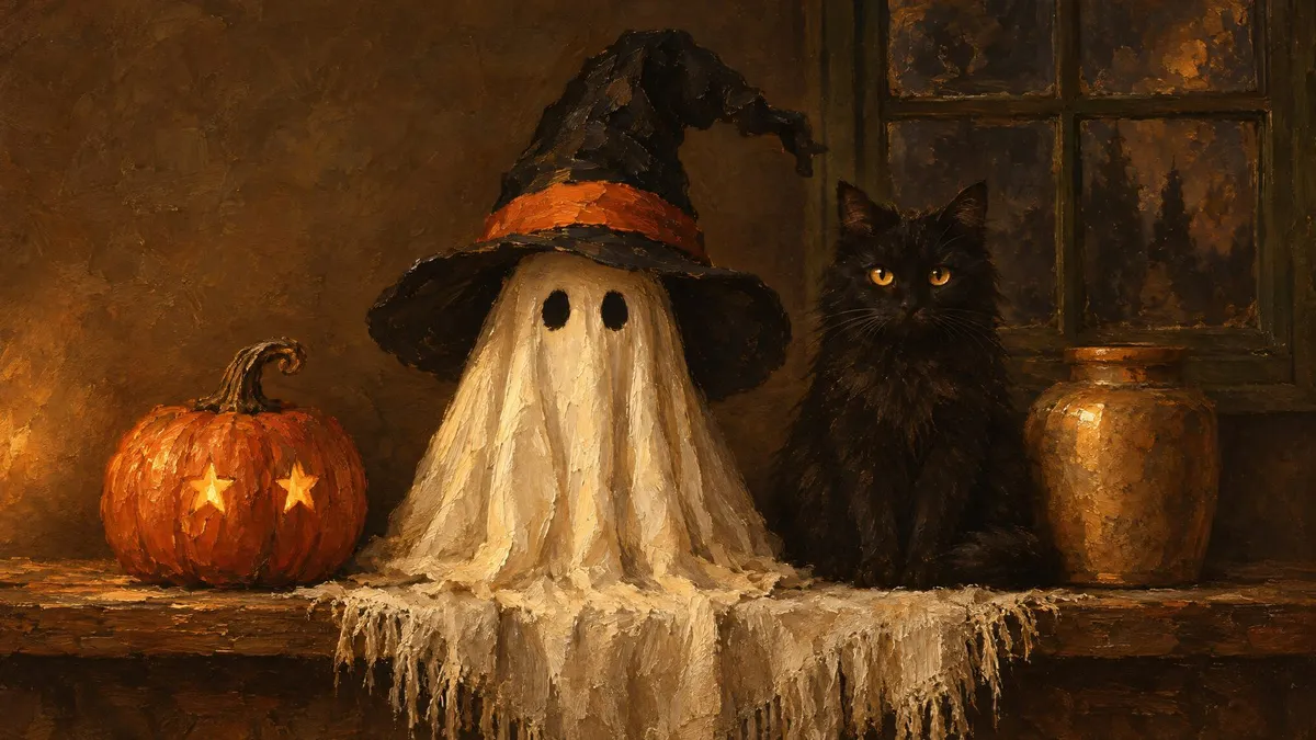 A sheet ghost in a black witch hat between a carved pumpkin and a seated black cat beside a jar on a wooden shelf