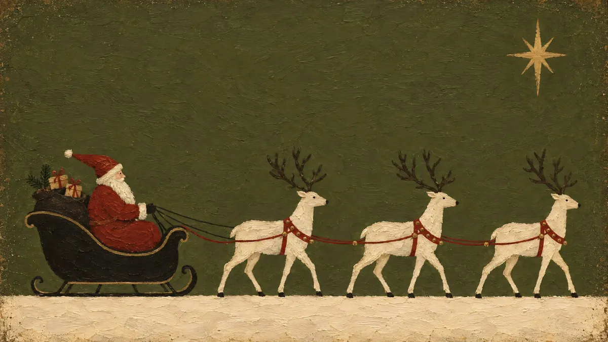Santa in a black sleigh behind three white reindeer walking across cream snow under an olive-green sky with a gold star