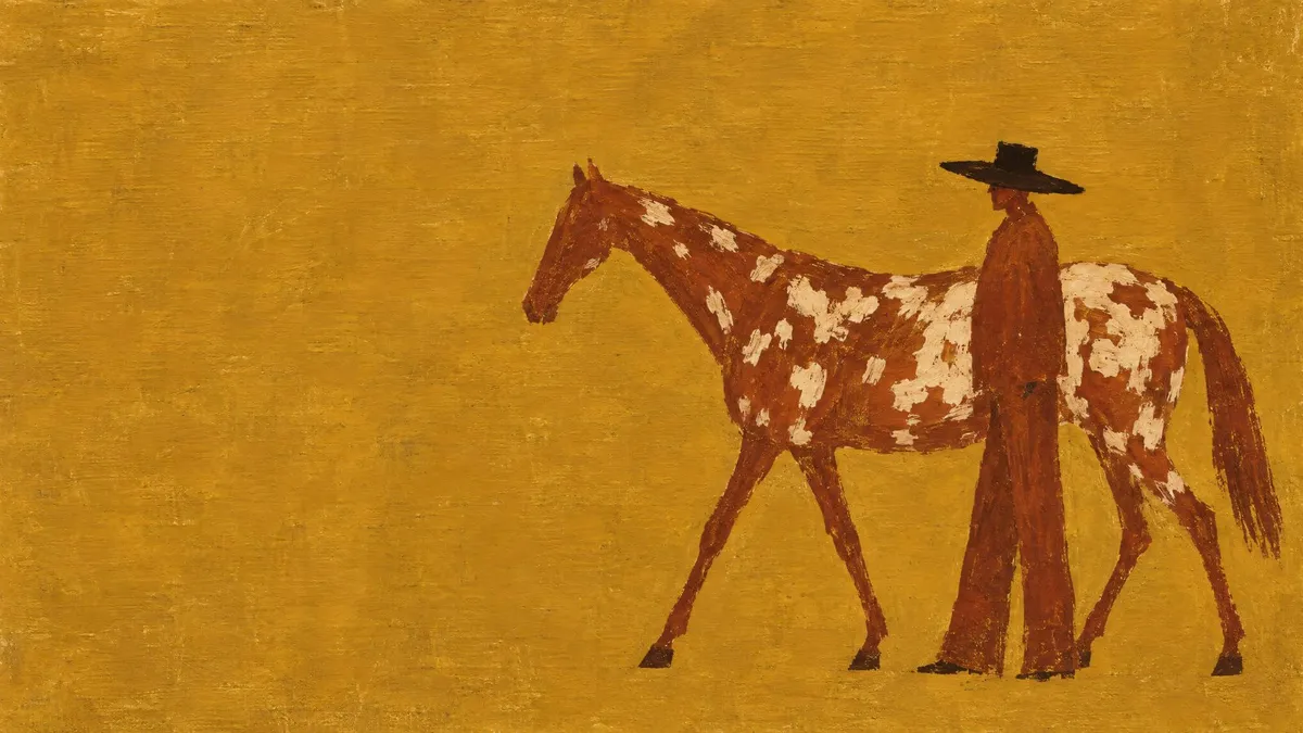 Spotted horse walking left beside a simple flat figure in a black hat against a mustard background