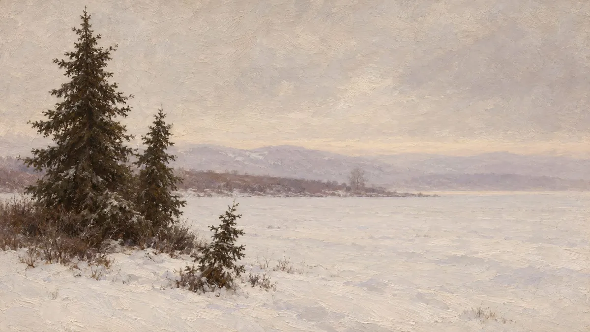 Two dark spruce trees on the left of a wide snowfield, with a faint shoreline and misty hills under an overcast sky