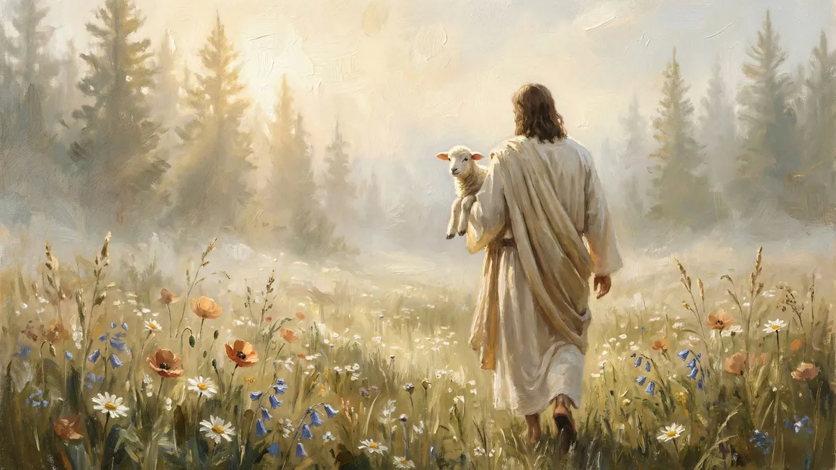 Robed figure with long hair walking away through a misty wildflower meadow, carrying a lamb, pines beyond