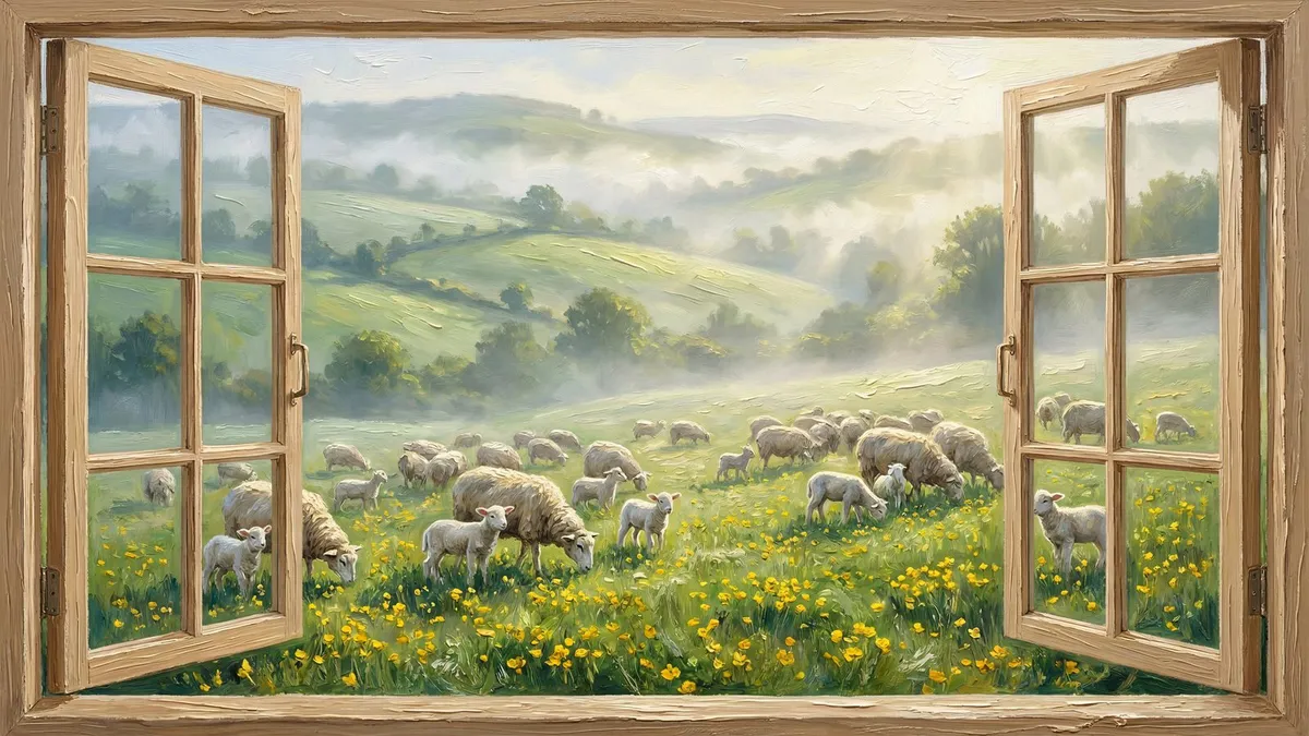Spring Sheep Meadow Open Window shown on your frame