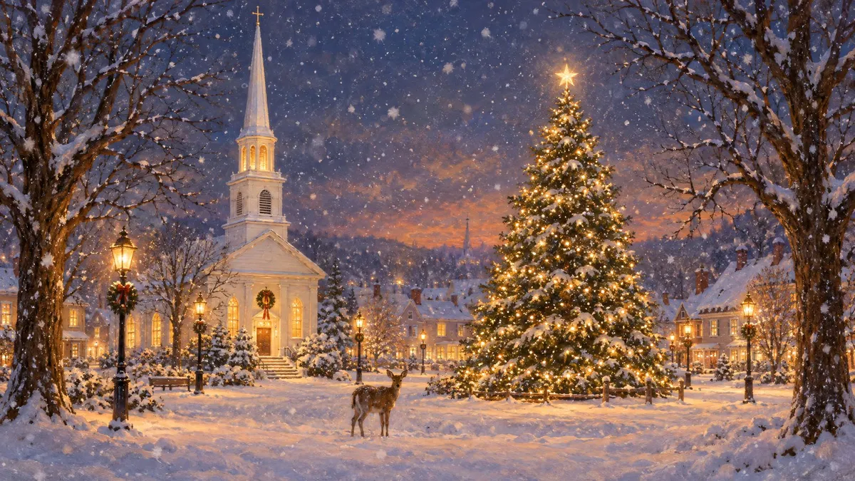 Snowy village square at dusk with a white church, a lit Christmas tree, street lamps and a deer