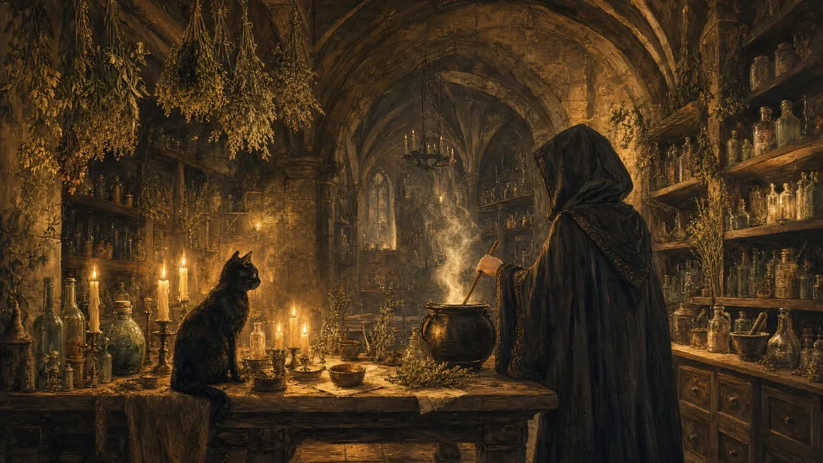 A hooded witch stirring a steaming cauldron at a candlelit table with a black cat, in a stone cellar of shelves