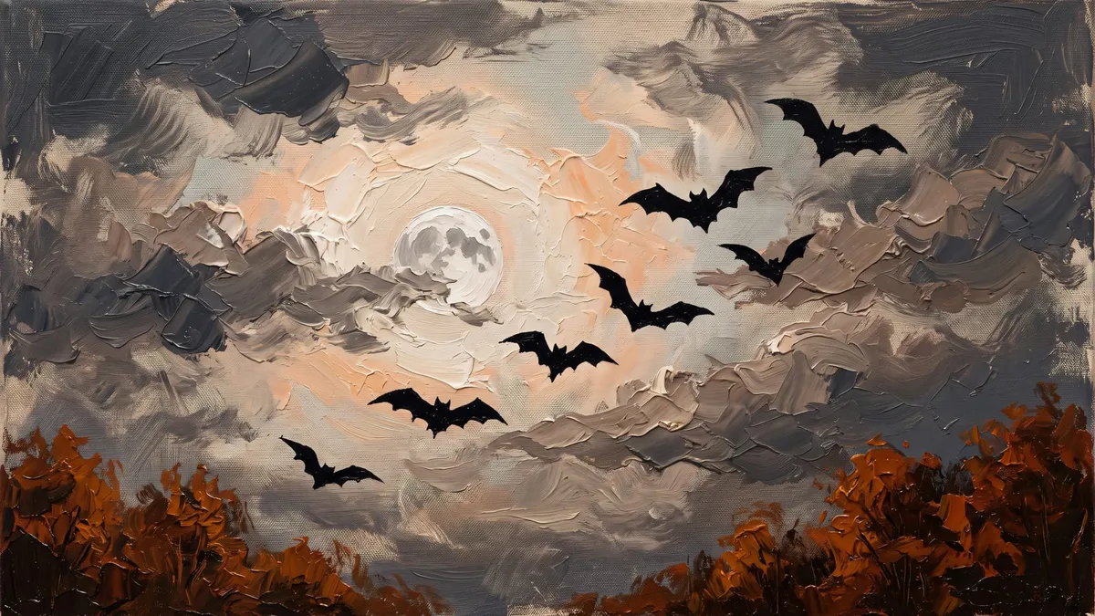 Seven black bat silhouettes flying across a charcoal sky in front of a pale full moon with a soft peach glow