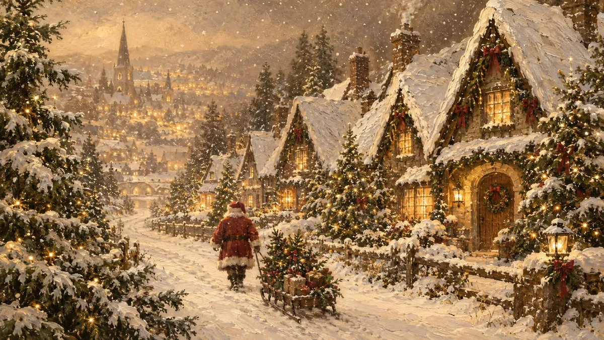 Santa Christmas Village Snow shown on your frame