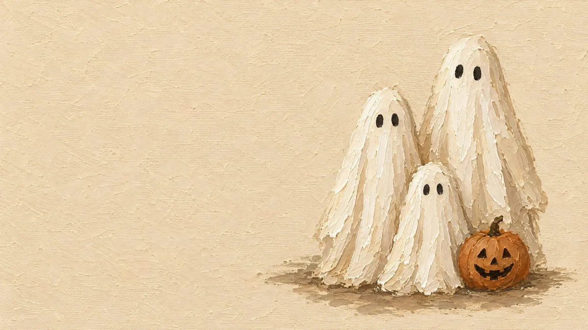 Three small cream-white ghosts in graduated heights beside a smiling jack-o'-lantern on an ivory canvas ground