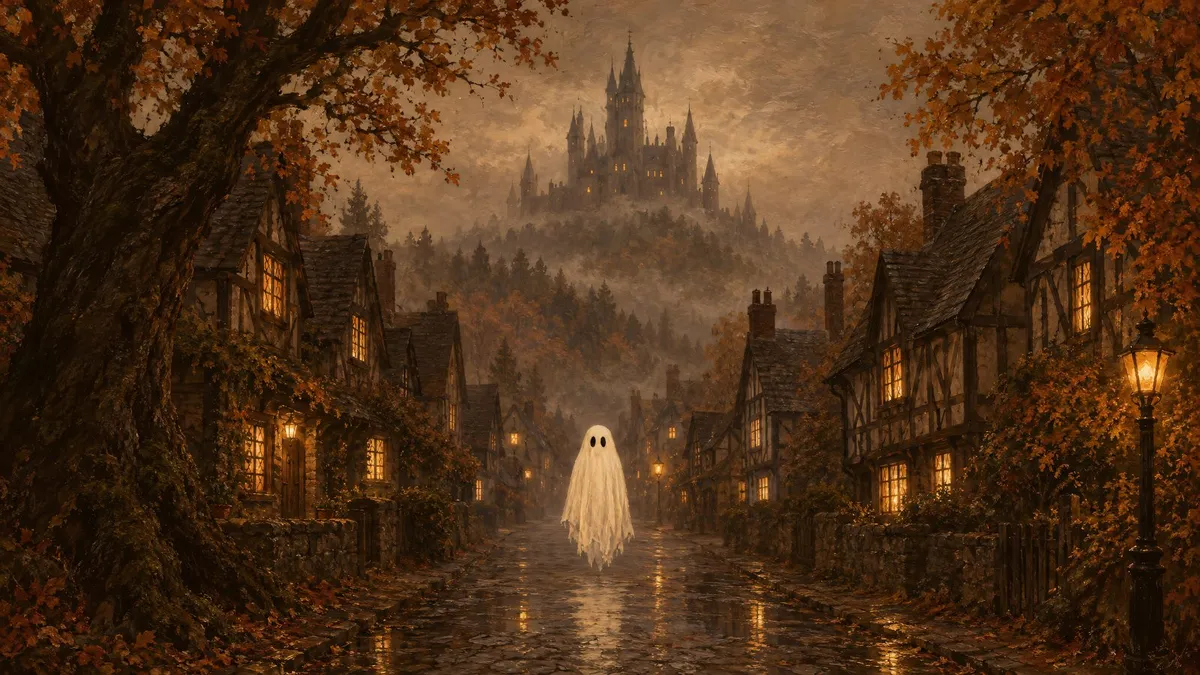A white ghost on a wet cobblestone village street with glowing cottages and a misty castle on a hill in autumn