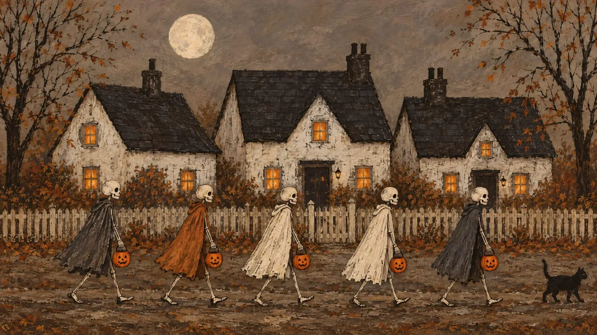 Five skeletons in capes carrying pumpkin pails walk past white cottages under a full moon, with a black cat at right