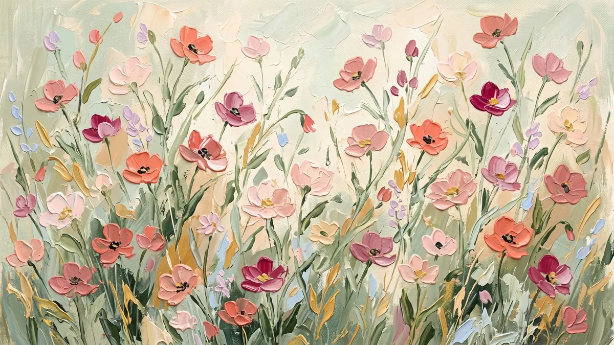 Dense meadow of coral, blush pink and magenta wildflowers on green stems in thick palette-knife oil paint