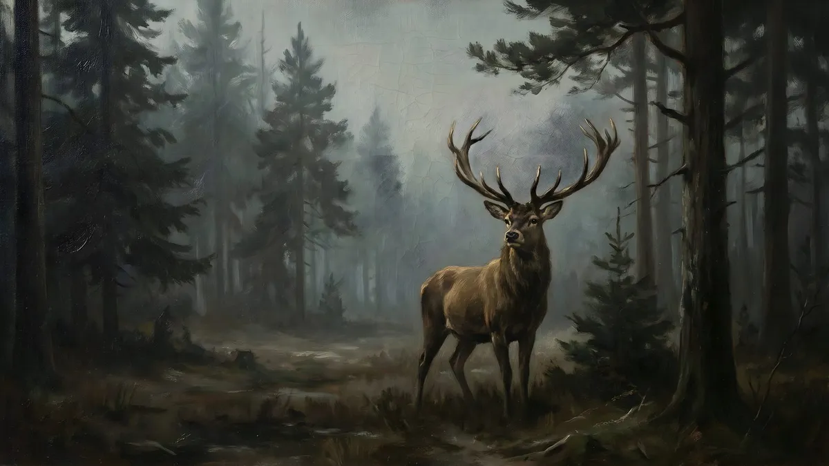 Moody Stag in Misty Forest shown on your frame