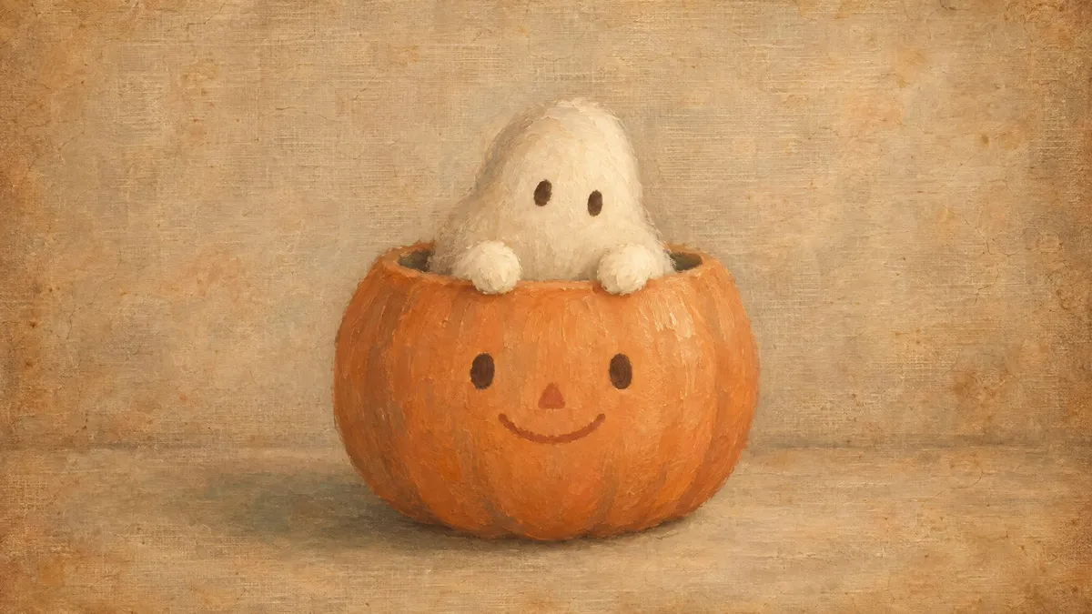 A small cream-white ghost with black eyes peeking over a round orange pumpkin bowl with a smiling painted face