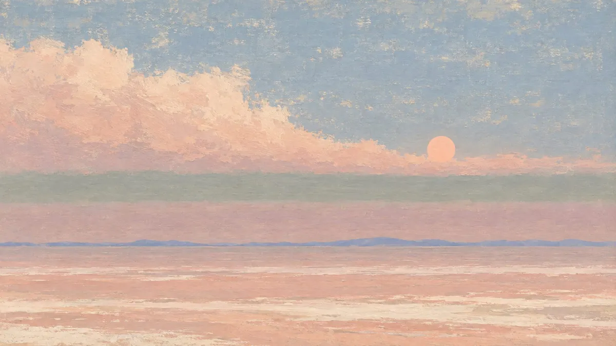 Pastel seascape in horizontal bands: pale sun on a peach cloud bank, distant blue hills and a cream striated shore