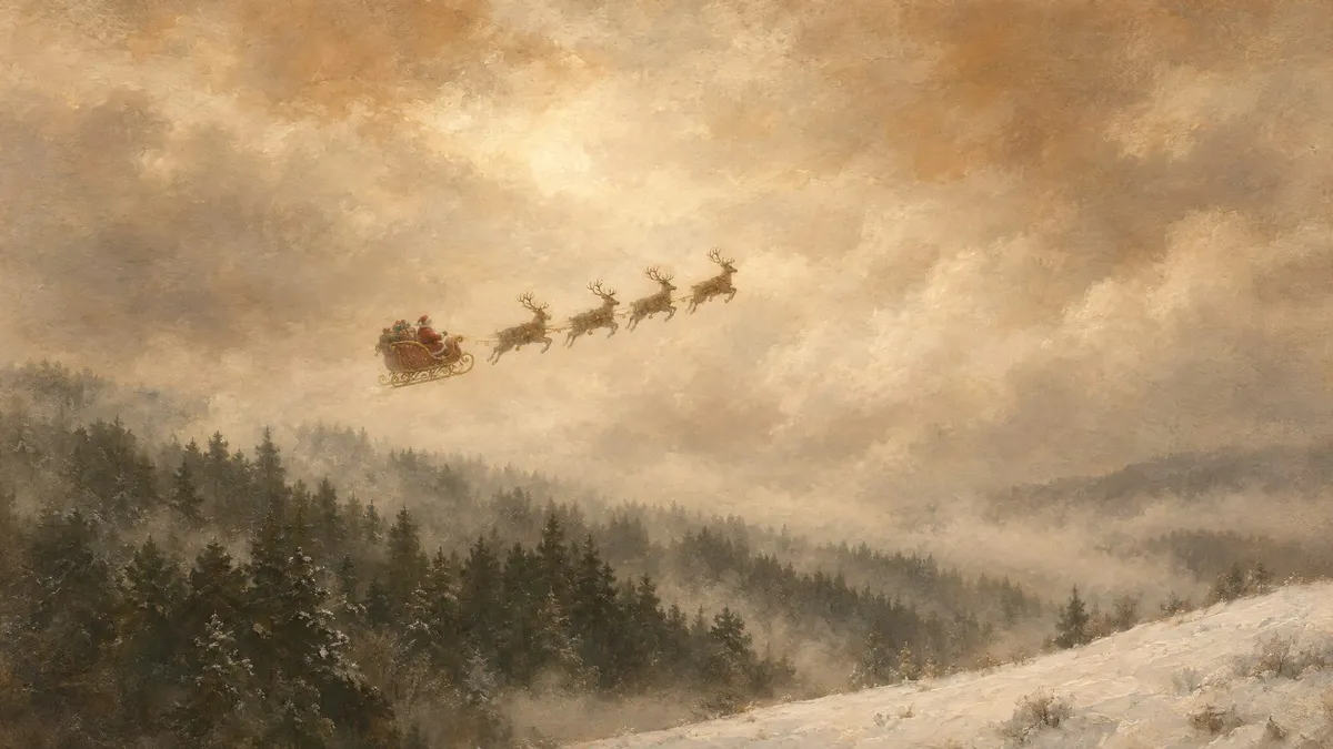 Santa's sleigh and four reindeer flying over misty evergreen forest and snowy hillside under hazy golden clouds