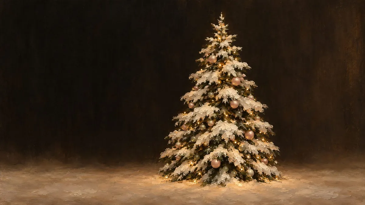 Snowy Christmas Tree Pink Ornaments shown on your frame