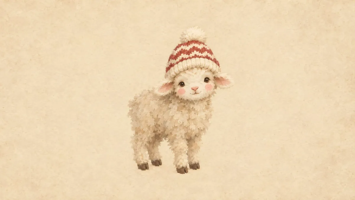 Baby lamb wearing a red and cream knit pom-pom hat on a cream parchment background