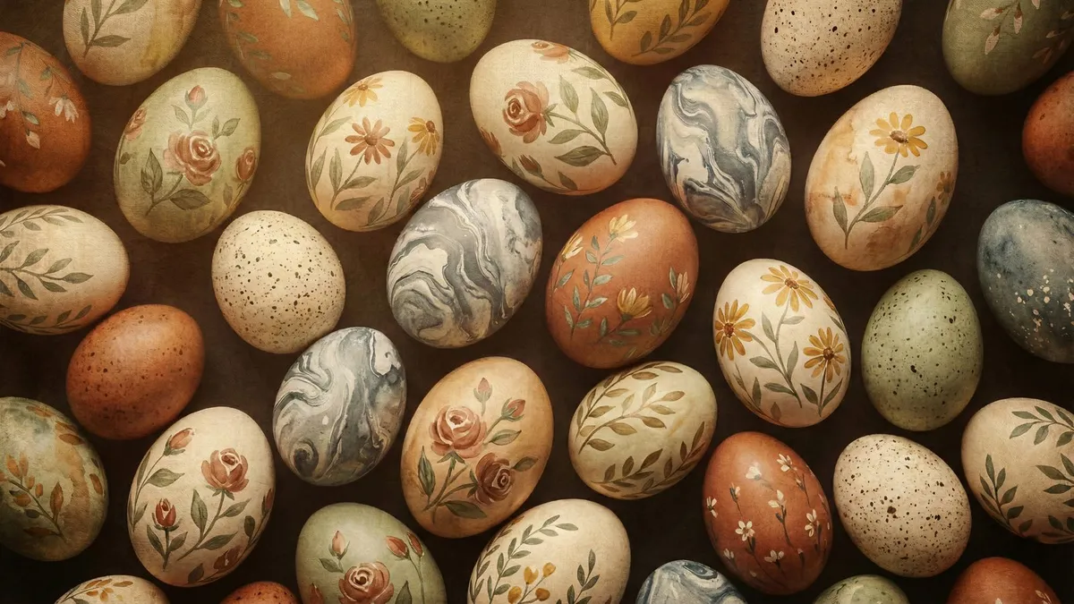 Overhead view of many painted eggs with floral sprigs, marbled swirls and speckles on a dark brown background