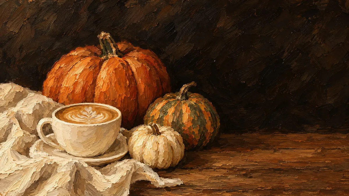 Latte cup on a saucer with draped cream cloth and three pumpkins on a wooden table against a dark background