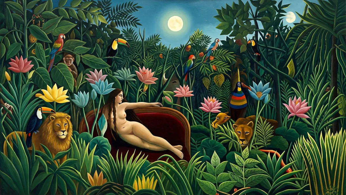 Reclining woman on a red sofa in a moonlit jungle among lions, toucans, parrots and lotus flowers