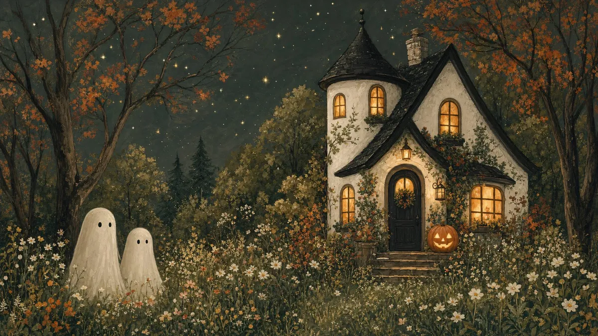 Whimsical Halloween Cottage shown on your frame