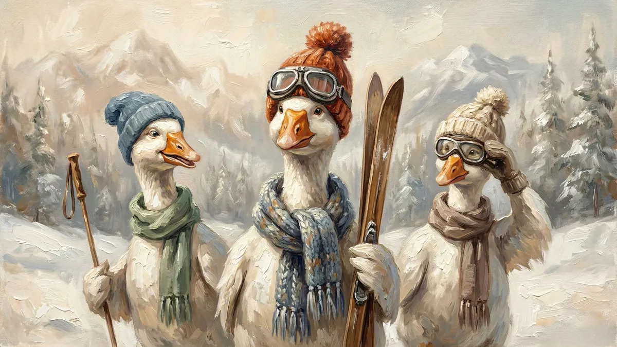 Winter Funny Whimsical Skiing Geese shown on your frame