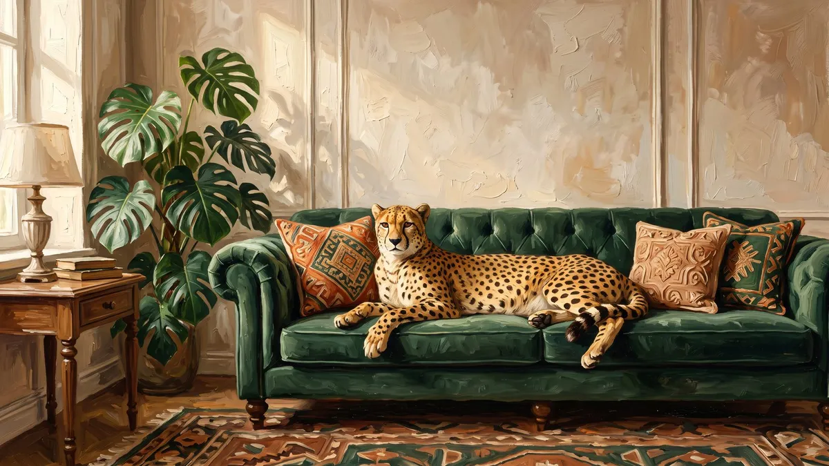 Cheetah On Velvet Sofa shown on your frame