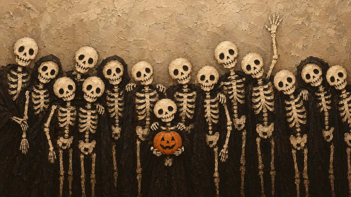 A row of about fourteen cream skeletons, one waving, with a small central skeleton holding an orange jack-o'-lantern.