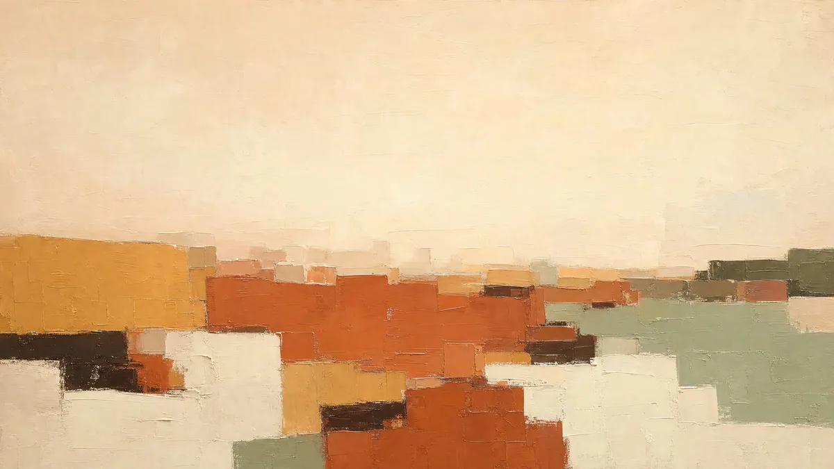 Abstract painting of earth-tone color blocks forming a horizon under a hazy cream sky